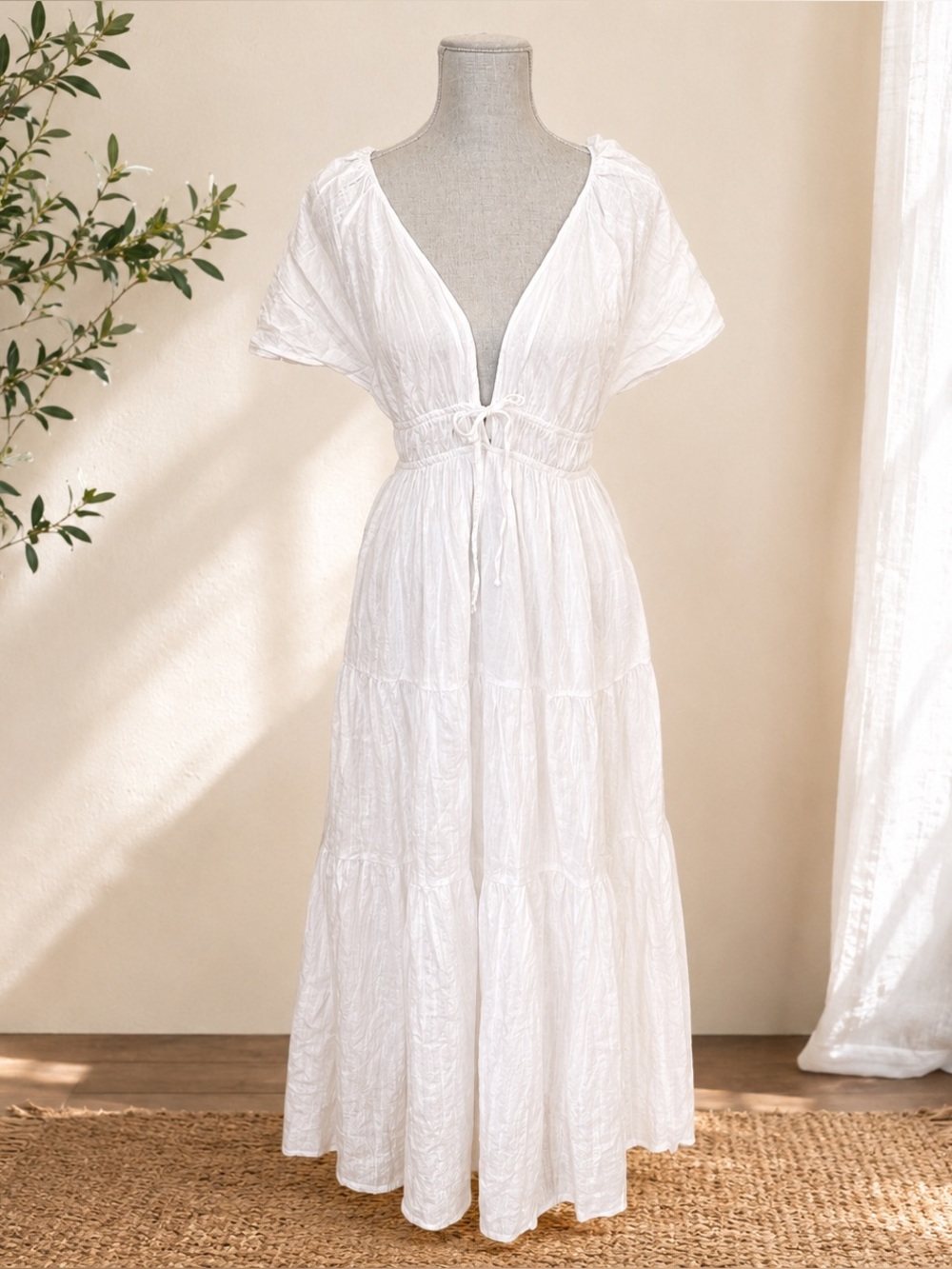 YFB Young Fabulous & Broke White Cotton Gauze Boho Prairie Maxi Dress L